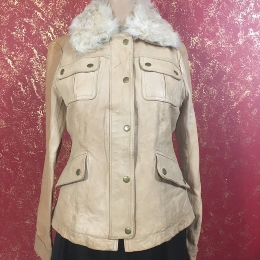 BANANA REPUBLIC Leather Italian Shearling Lamb Detachable Collar Utility Jacket